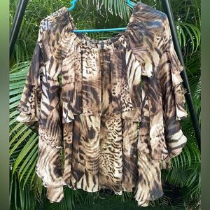 Ariella Animal Print Ruffled Blouse with Cascading Ruffle Sleeves